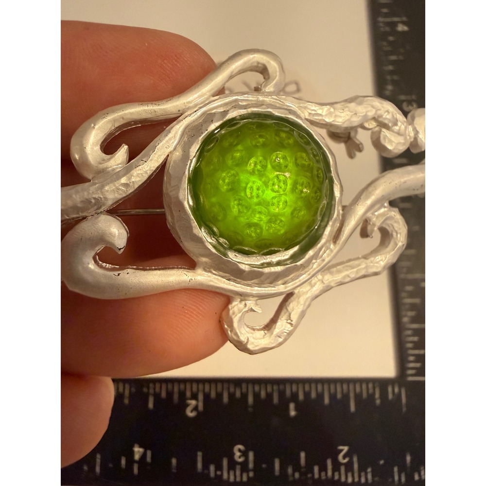 Dolce Vita Silver Tone Abstract Green Dimpled Glass Cabochon Statement Brooch